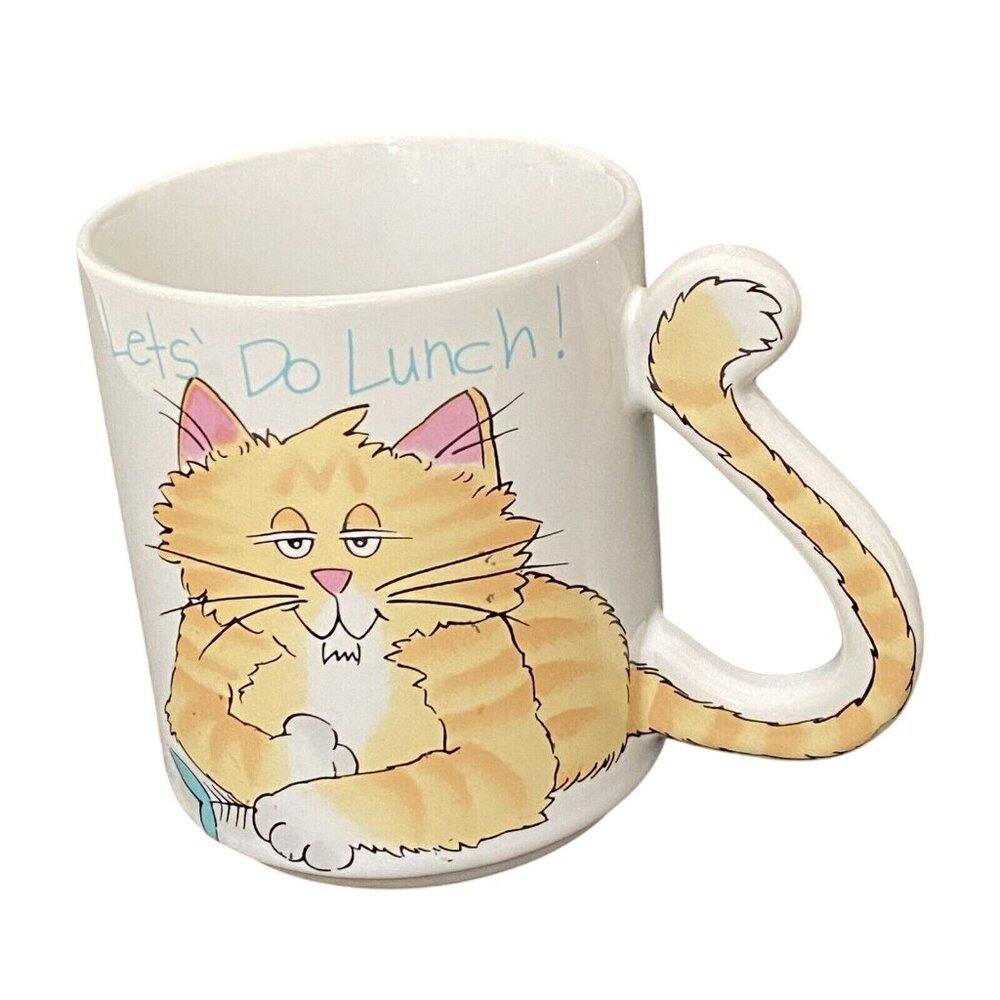 Vintage Lets Do Lunch Cat Tail Handle‎ Mug Cup Animal Lover Pets Funny Novelty